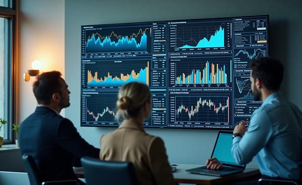 A diverse finance team strategically analyzes detailed business metrics on a comprehensive visual **financial performance dashboard**, a key component of any effective **CFO board presentation deck** template
