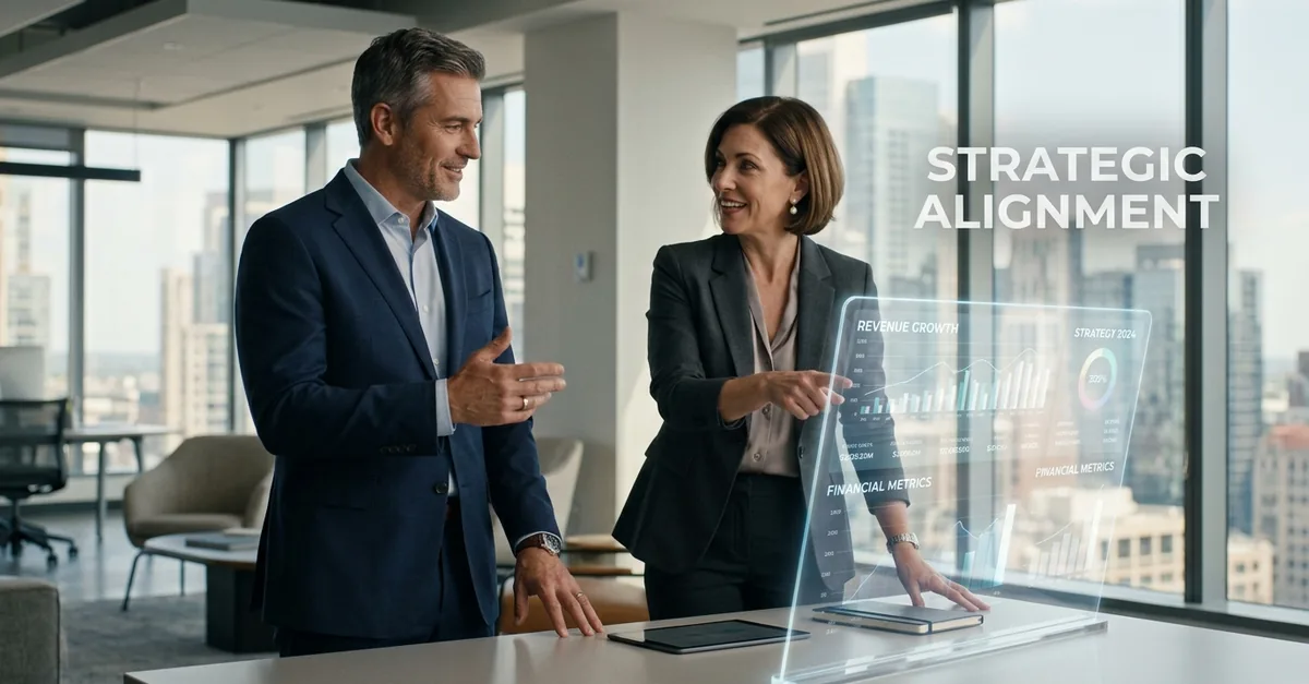CFO and CEO discussing strategic alignment over a data display