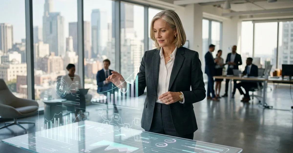 Finance leader reviewing strategic data on a transparent display in a modern office