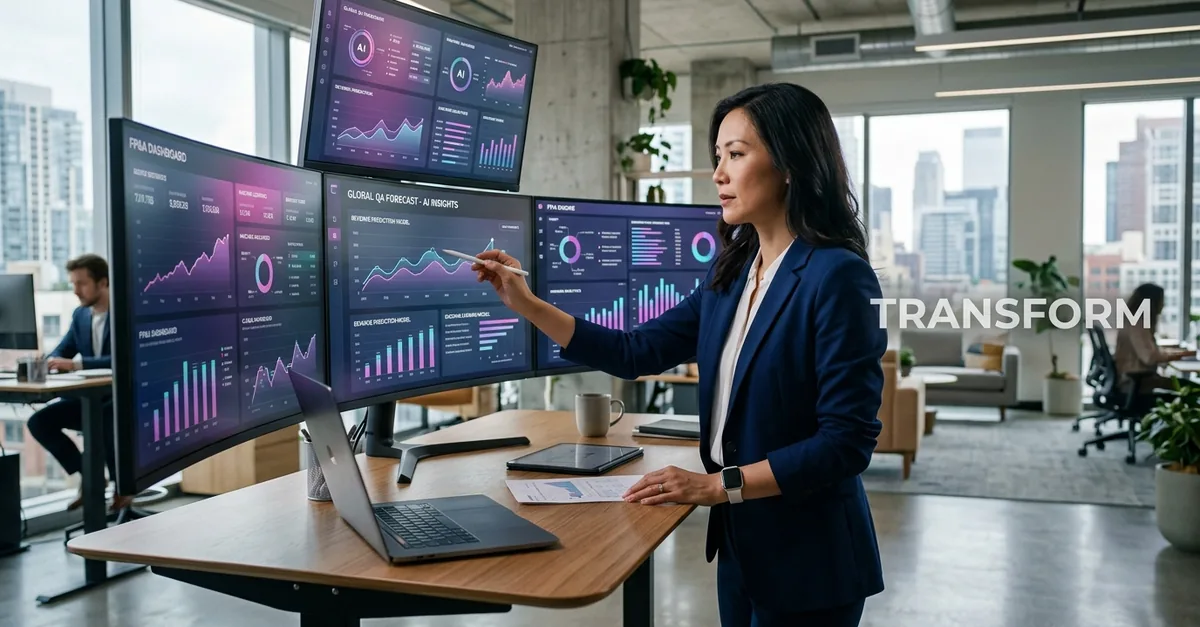 Finance leader analysing real-time dashboards across multiple screens