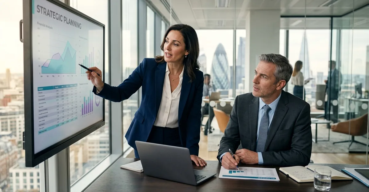 CFO presenting quarterly forecast scenarios on a boardroom screen