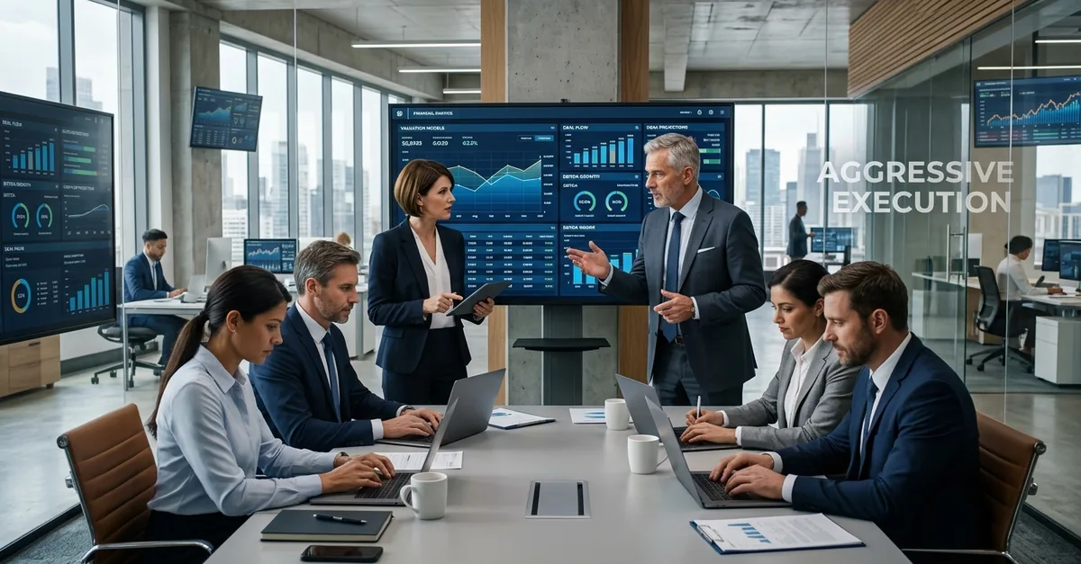 Executive team working through a value creation plan in a meeting room
