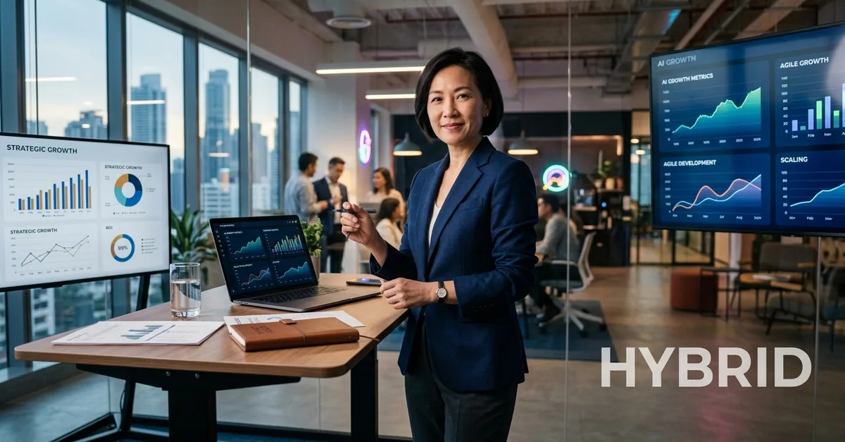 Hybrid finance leader presenting growth analytics in an open-plan office