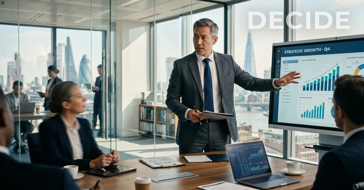 Executive presenting a decision framework to colleagues in a boardroom